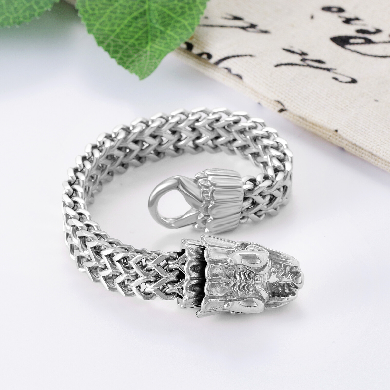 8.7 inches Mens Stainless Steel Dragon Head Biker Bracelet Figaro Chain Bangle