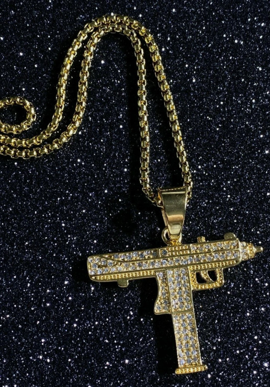 New Gold Tone UZI Machine Gun Steel Revolver Necklace Chain Out