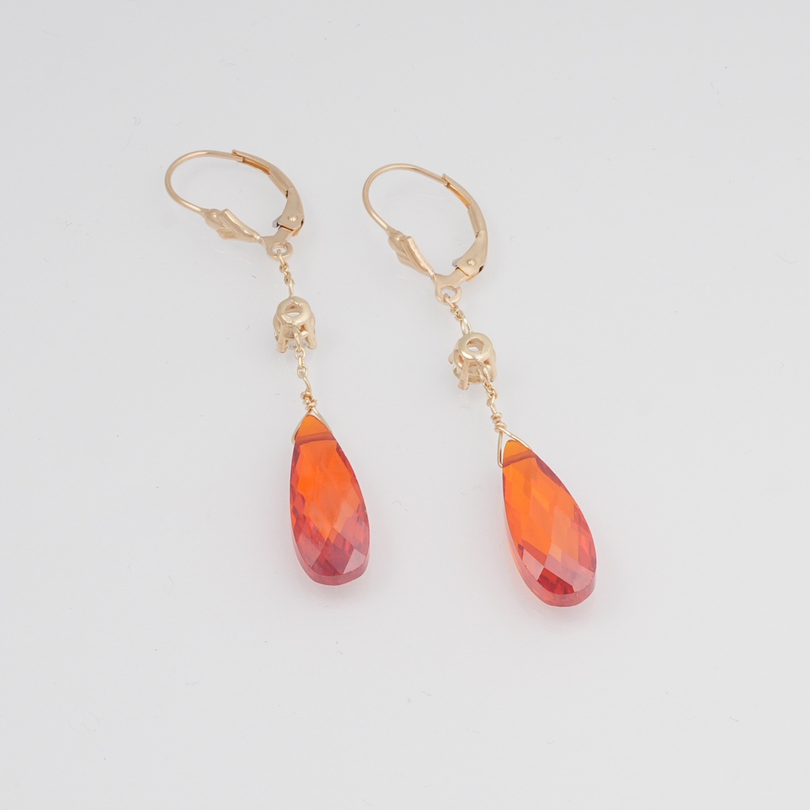 14K Gold Briolette Earrings Dangle Drop Faceted Red Orange Stones 2.25″ drop