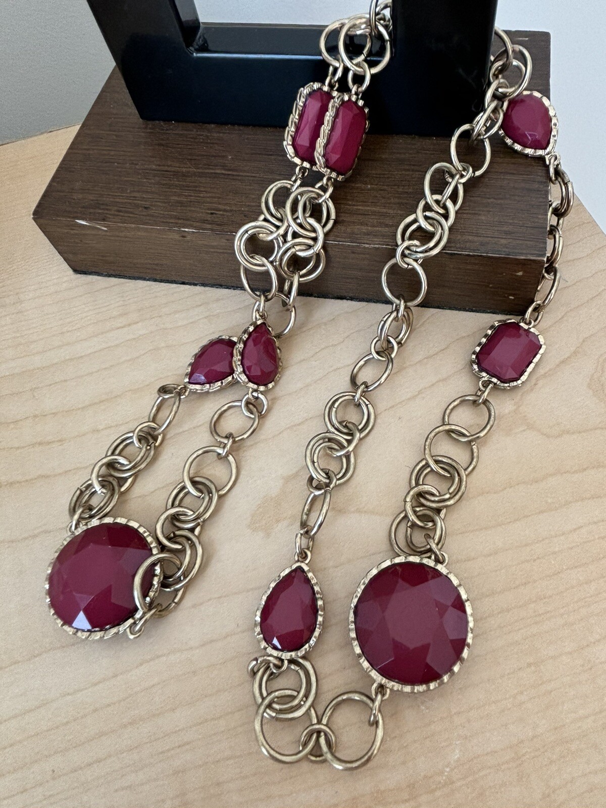 Red Cabochon Stations Necklace/ Xtra Long- Measures 32 In Total Length