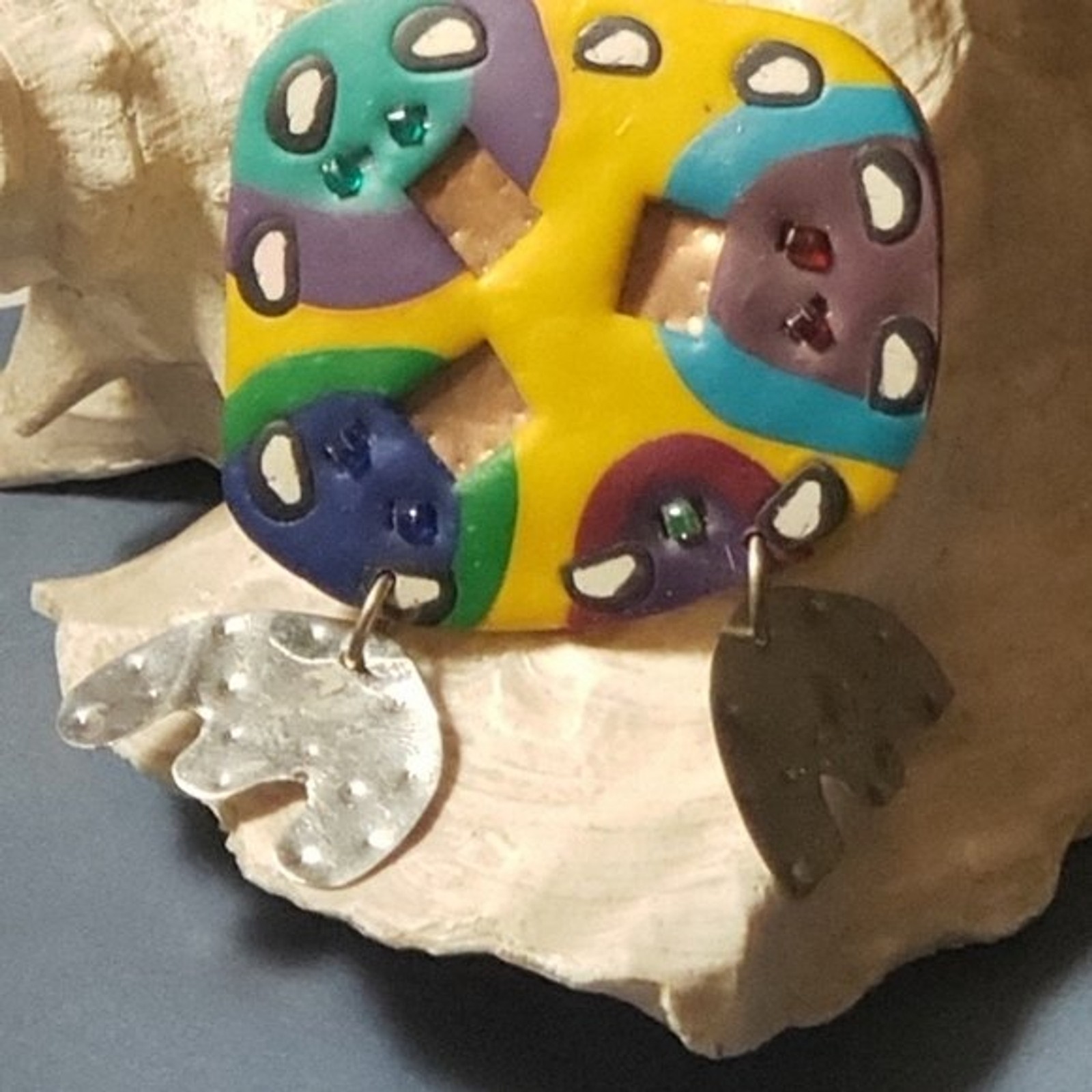 1990s Yellow blue and green decorated abstract irregular geometric shapes brooch
