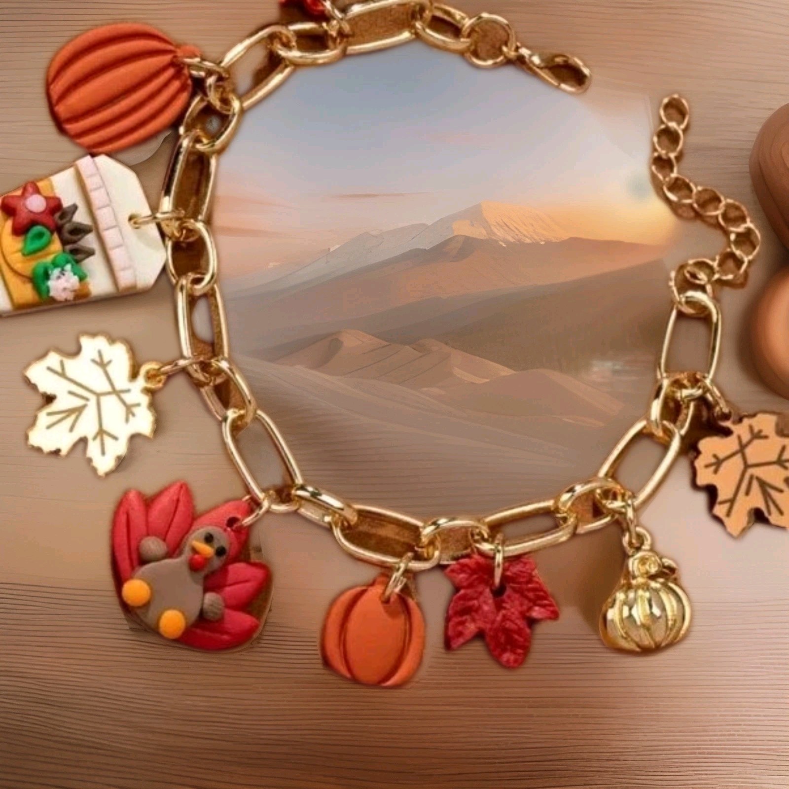 Fall Festival Charm Bracelet. Clay,acrylic, Metal Charms. Adjustable Goldtone.