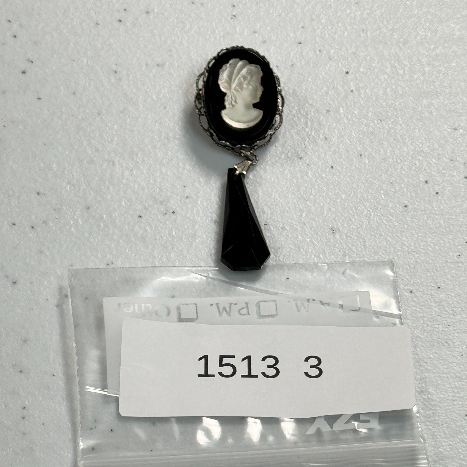 Vintage Cameo Brooch Pendant Black Glass Dangle Victorian Revival Silver Tone