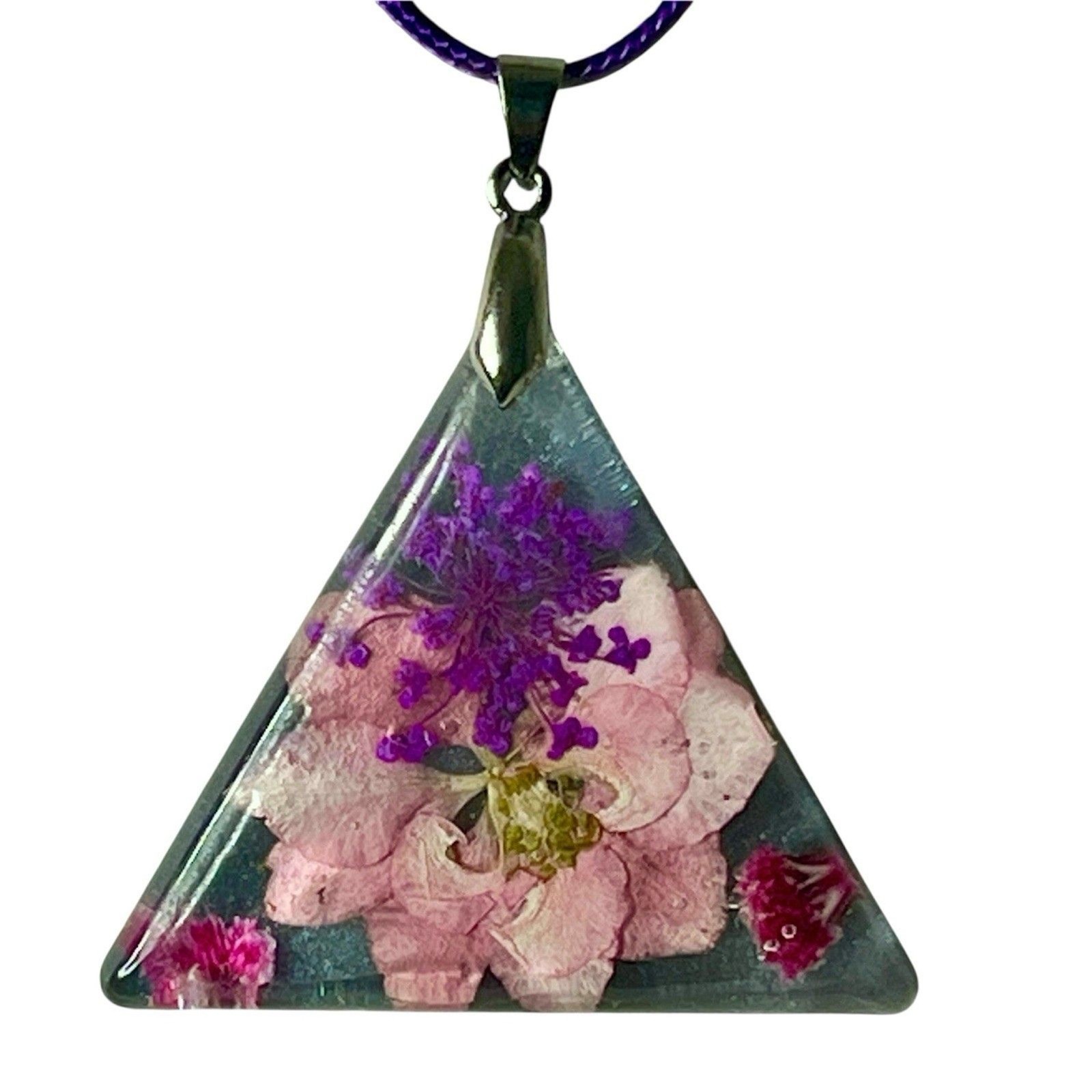 Goth Pink Pressed Flowers On Black Pendant Necklace 18″ Waxed Cord w/ Ext