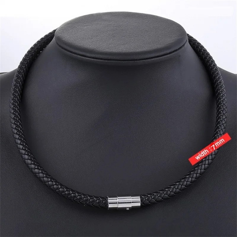 Braided Leather Rope Chain Necklace Magnetic Clasp Black 45cm Unisex