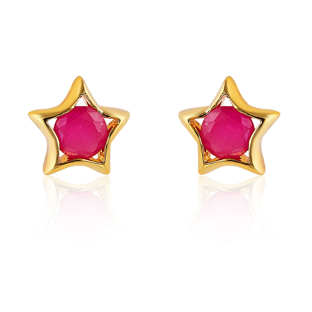 Cute New 18k Yellow Gold Filled Star Set Round Red CZ Stud Earrings