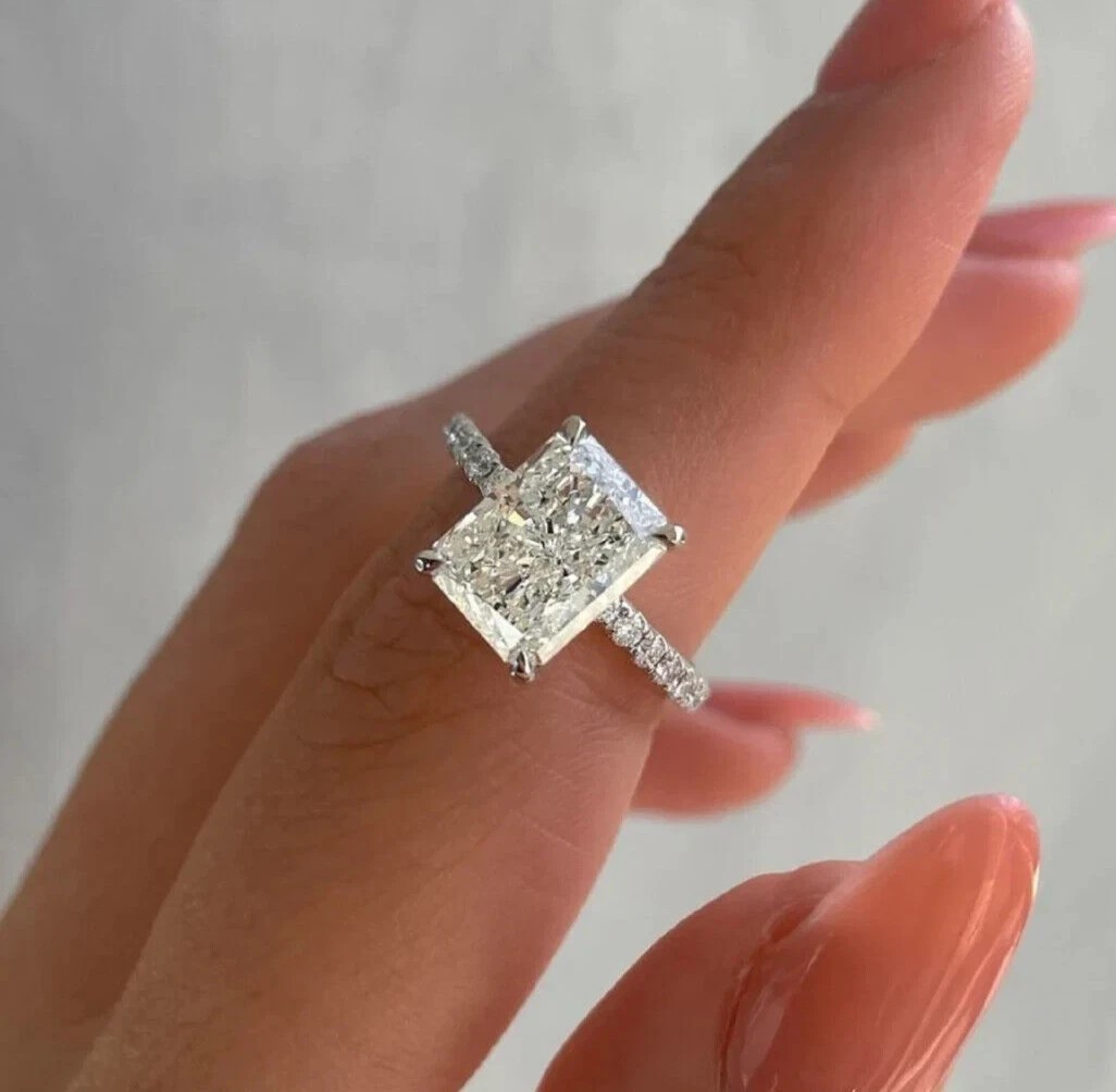 3Ct Radiant Cut Moissanite Solitaire Engagement Ring 14K White Gold Plated