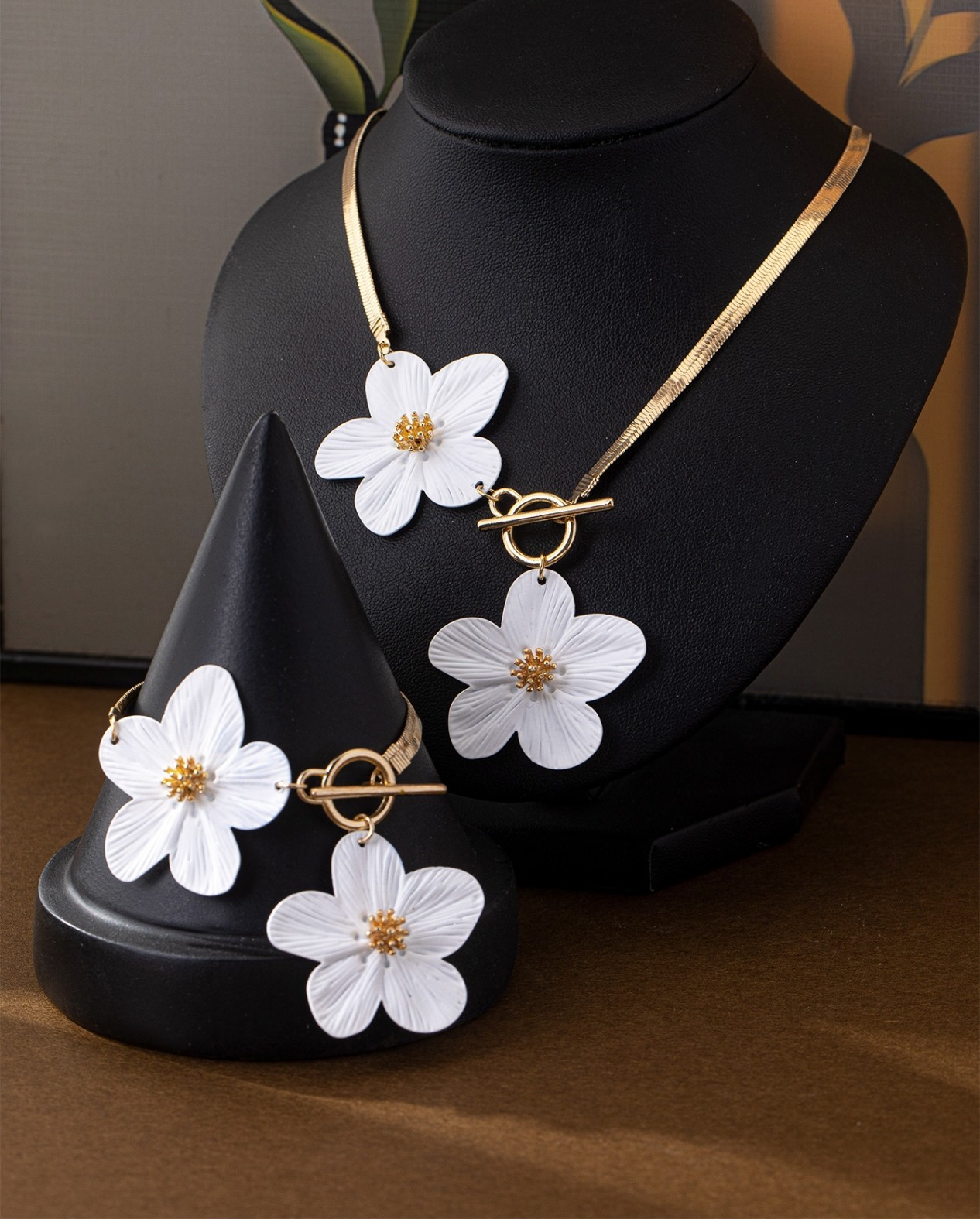Gold-plated Snake Chain White Double Flower Pendant Necklace and Earring Set