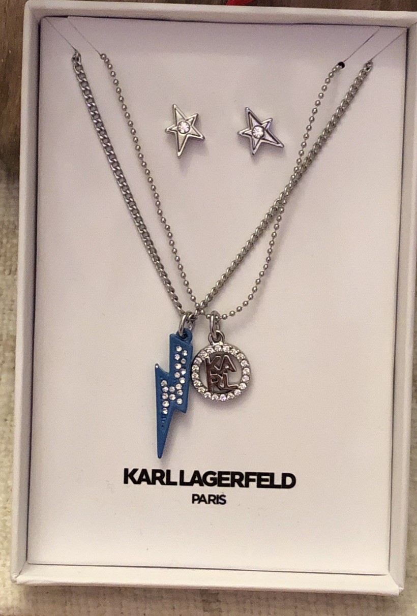 Karl Lagerfeld Lightning Bolt & Karl Layered Necklace & Star Stud Earrings NIB