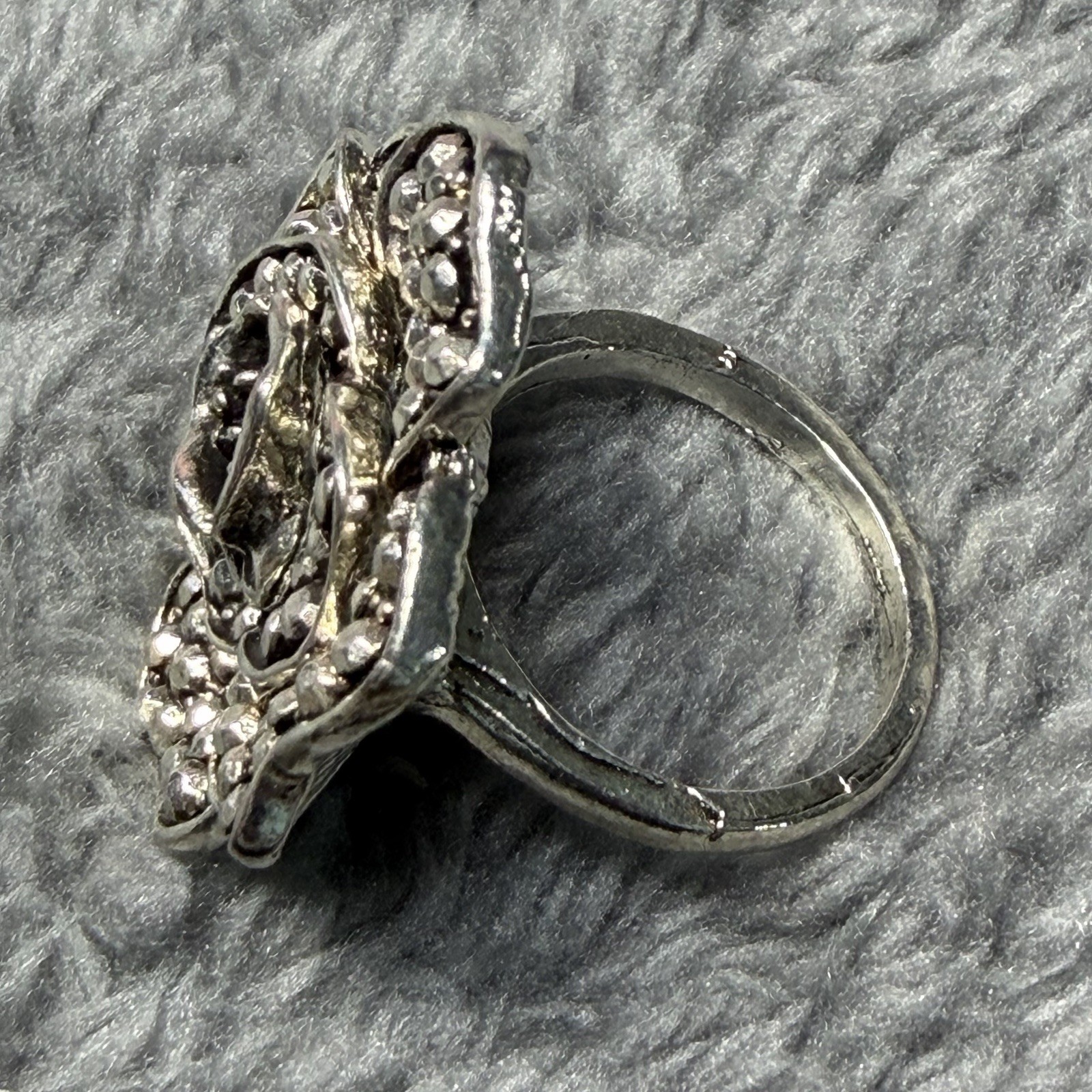 Silver Tone Clear Crystal Flower Cocktail Statement Ring, Rhinestone Accent