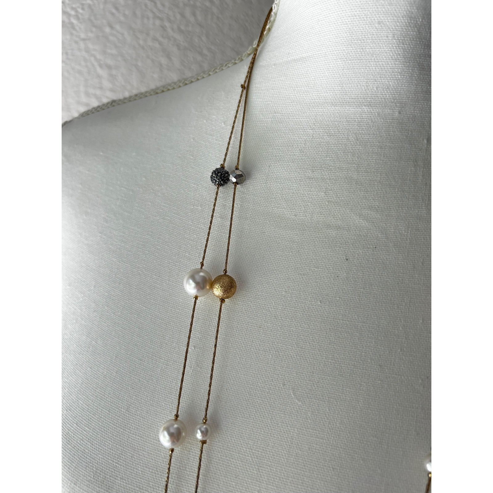 Gold Tone Layered Station Necklace Faux Pearl Black Bead Long Adjustable 37-40in