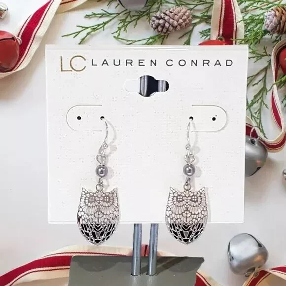 LC Lauren Conrad Women’s Trendy Silver Plated Owl Hook Earrings NWT