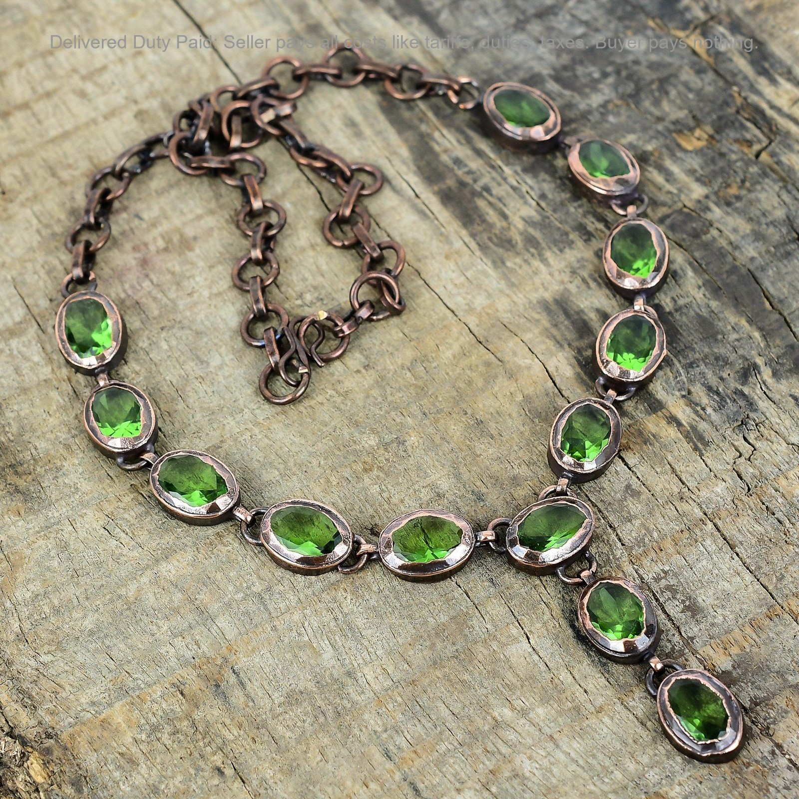 Copper Green Amethyst Gemstone Engagement Electroformed Bezel Chain New Necklace