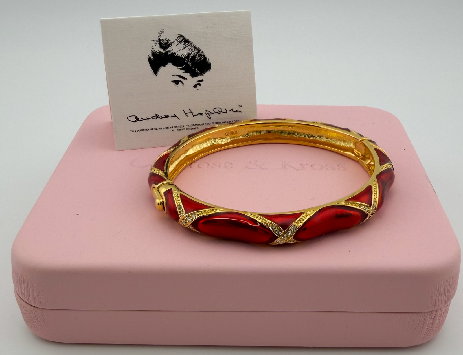 Camrose & Kross Audrey Hepburn Royal Red Rhinestone Criss-Cross Hinged Bangle