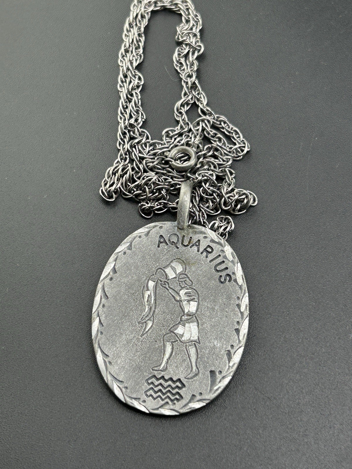 Hand Engraved Pewter Aquarius Zodiac Pendant With Chain