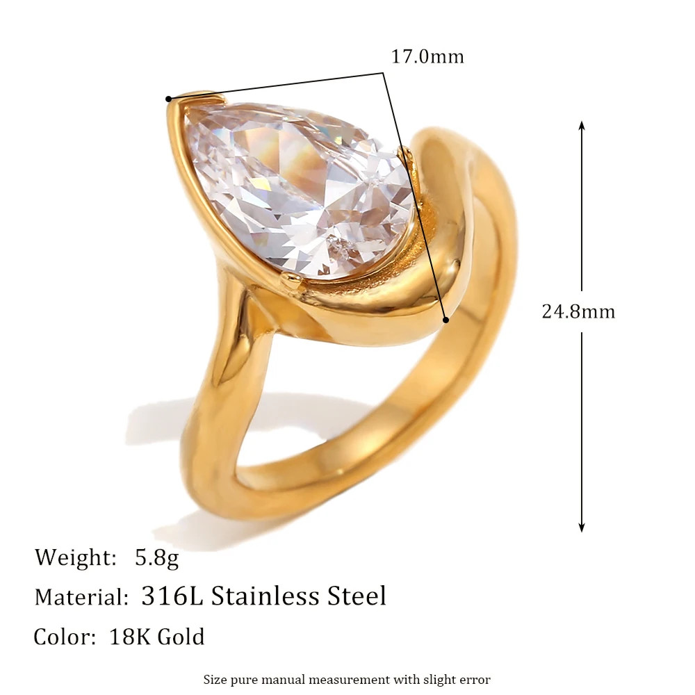 Stainless Steel Ring Water Droplet Simulated Zirconia Gold Plated Women Band