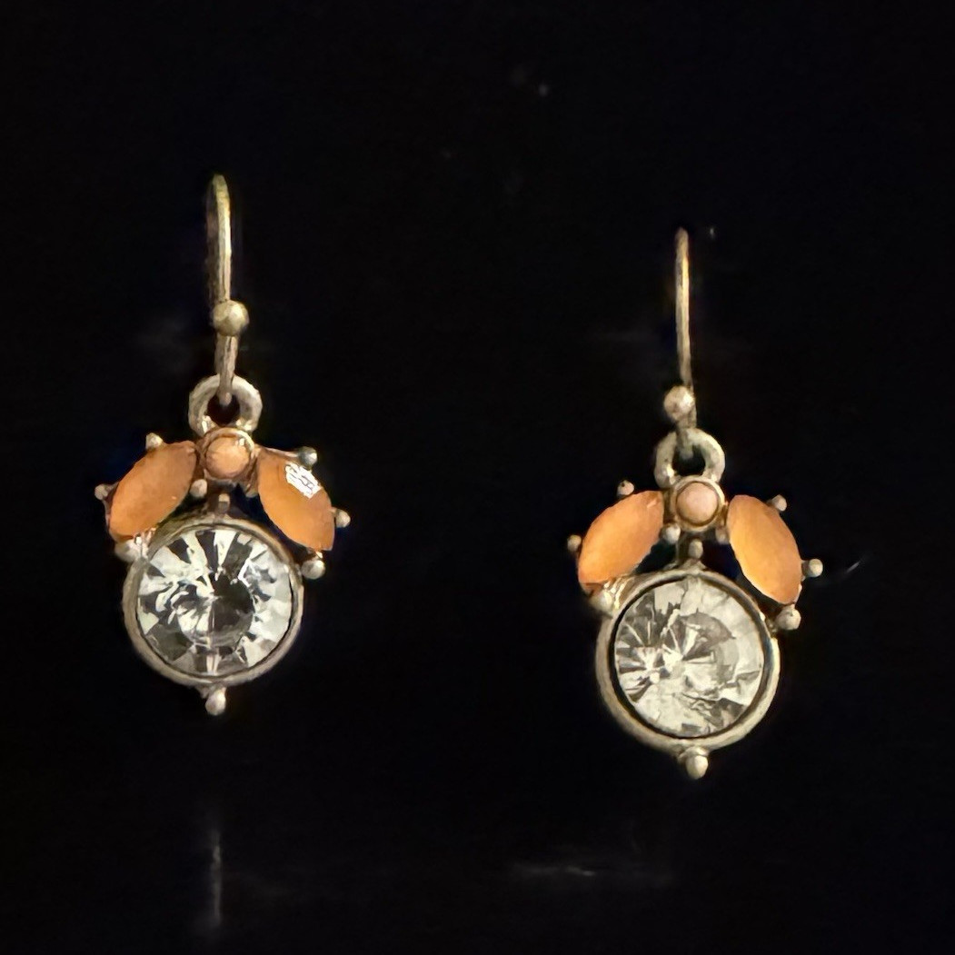 Gold Tone Dangle Drop Earrings Clear Round Crystal Orange Accents Hook Bezel
