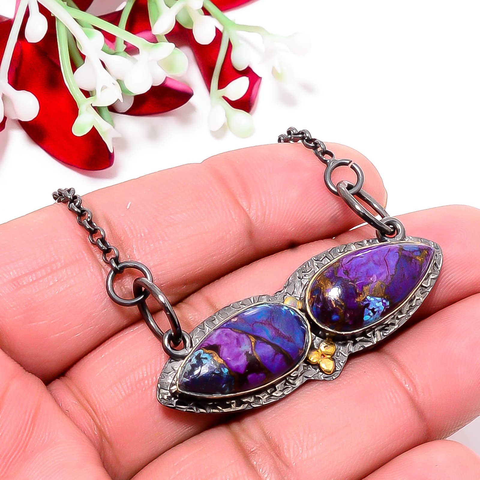 Copper Purple Turquoise Black And Gold Rhodium 925 Silver Pendant 18-22″ Cp7