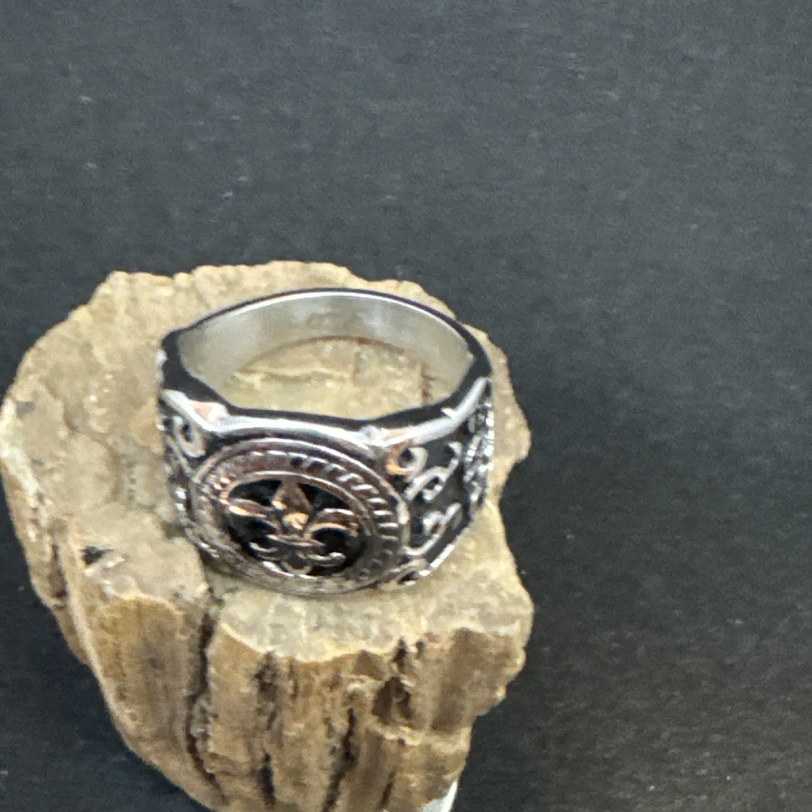 Fleur de Lis Stainless Steel Ring 24mm Face Width 5mm Band Oxidized & Polish
