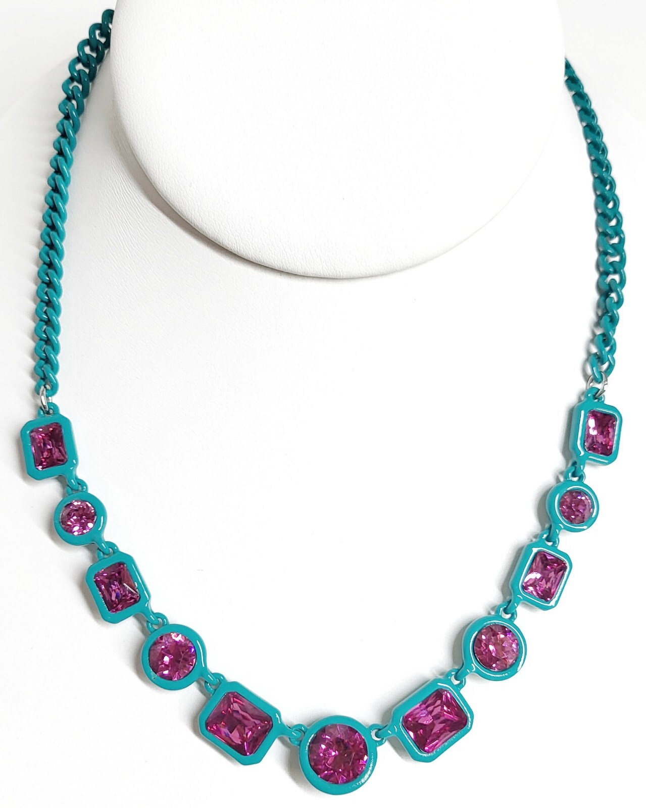 Karl Lagerfeld Crystal Chain Statement Necklace Green Fuchsia Plated Brass NWT