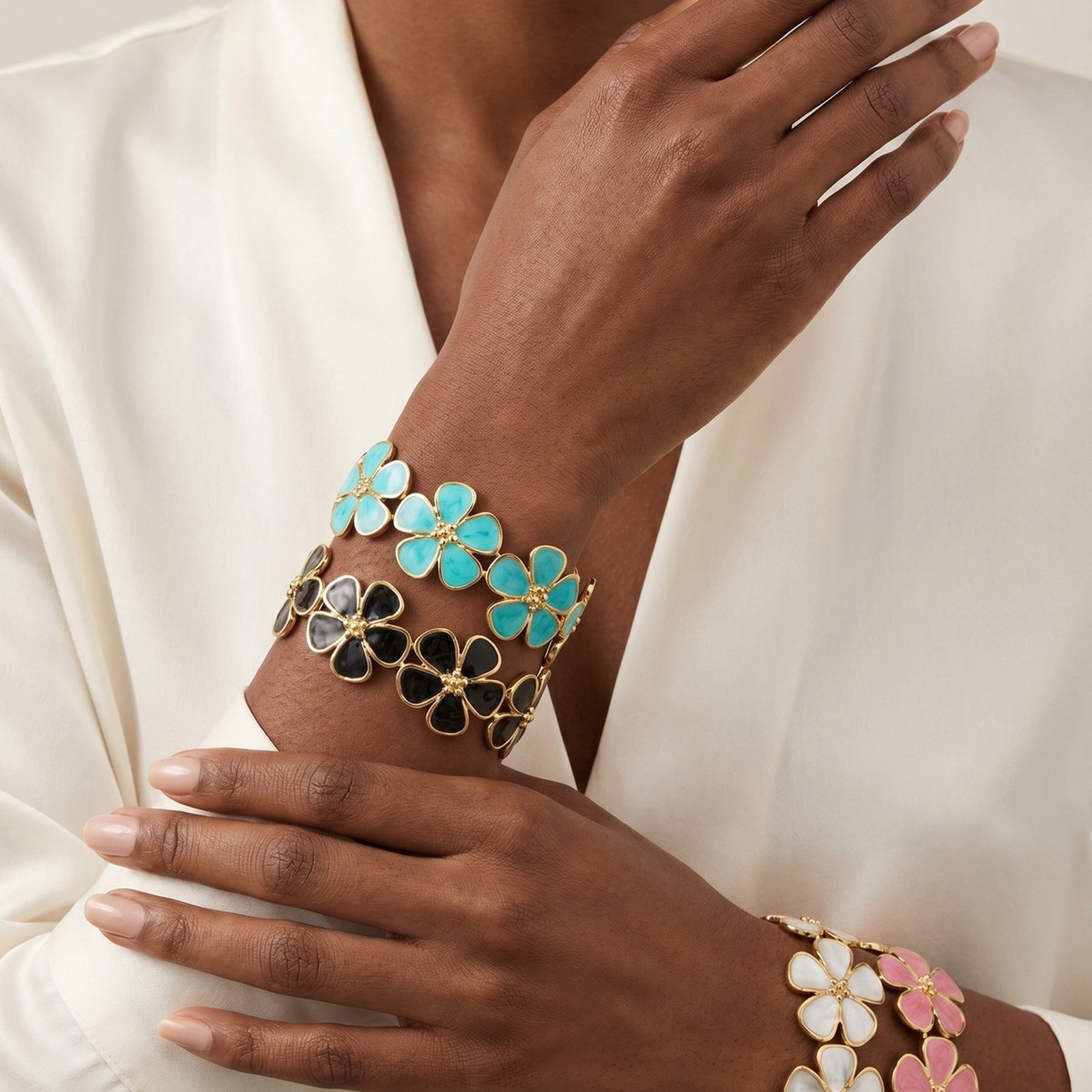 Stainless Steel Bracelet Enamel Flower Open Bangle Adjustable Classic Gift