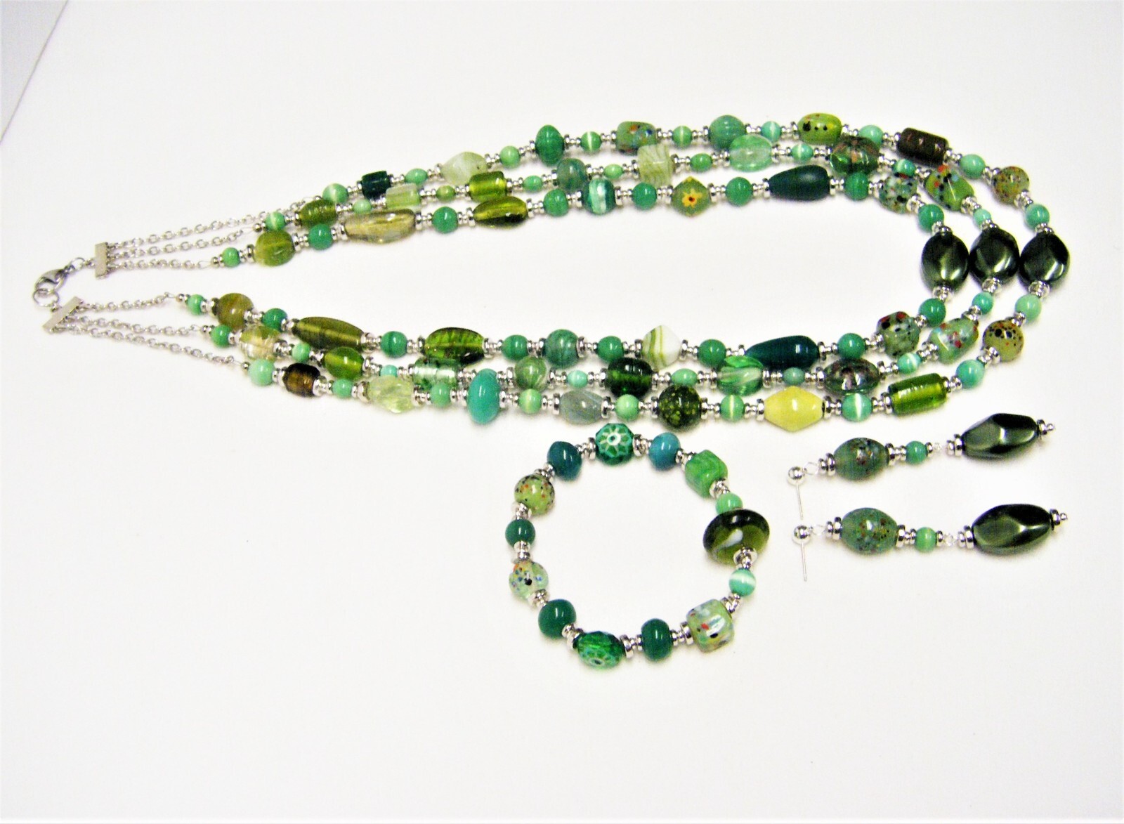 3 Strand Various Shades of Mixed Green Shapes/Sizes Glass Bead Neck/Brace/Earrin
