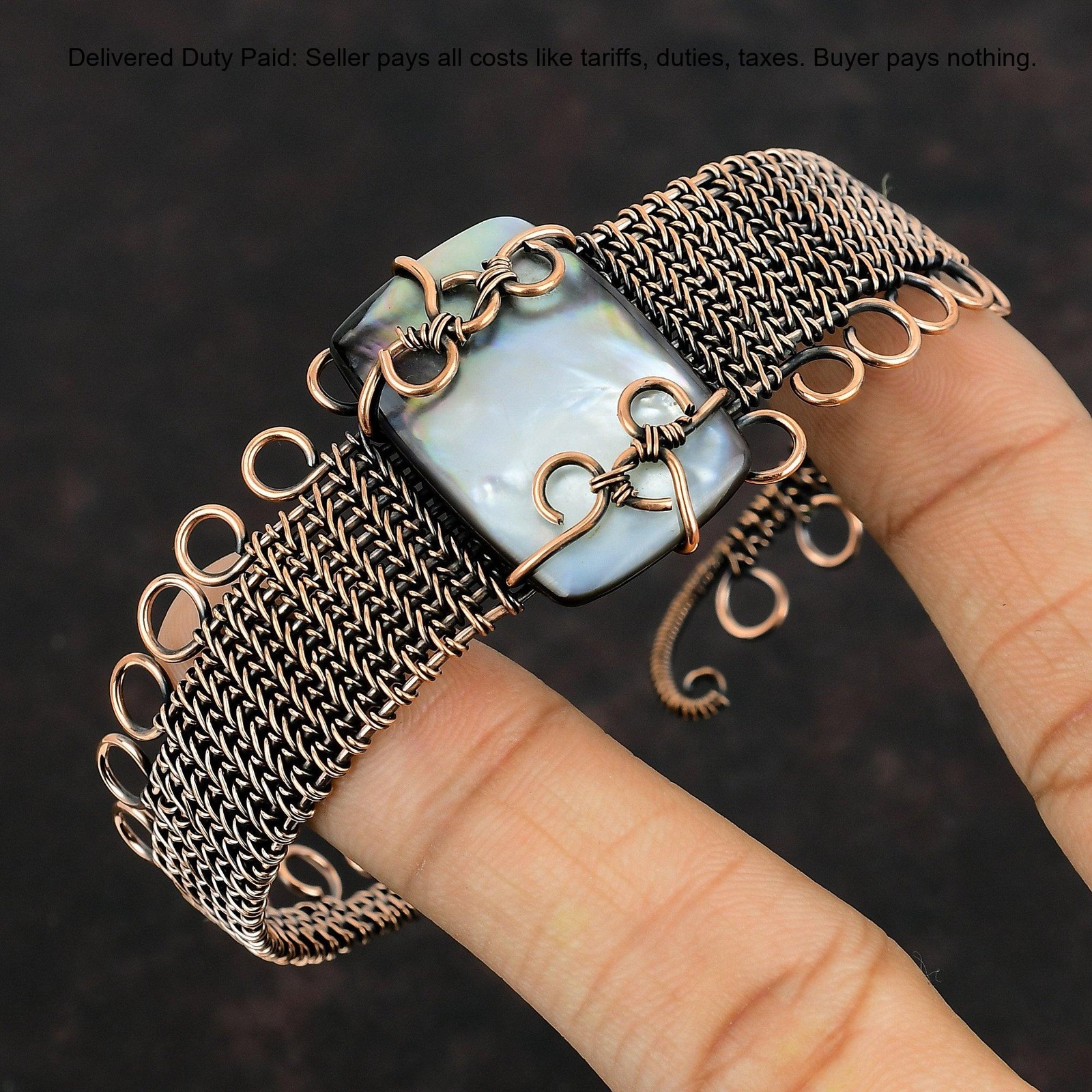 Copper Black Mother Of Pearl Stone Anniversary Wire Wrapped Wife Bangle Bracelet