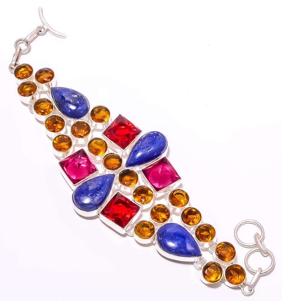 Natural Lapis Lazuli & Rubellite Gemstone 925 Sterling Silver Bracelet 7-8″T830