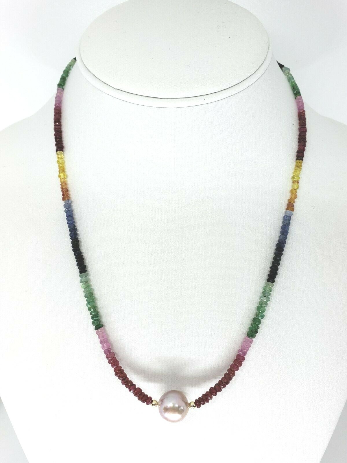 14k Yellow Gold Sapphire, Ruby, Emerald and Pearl Necklace 18″