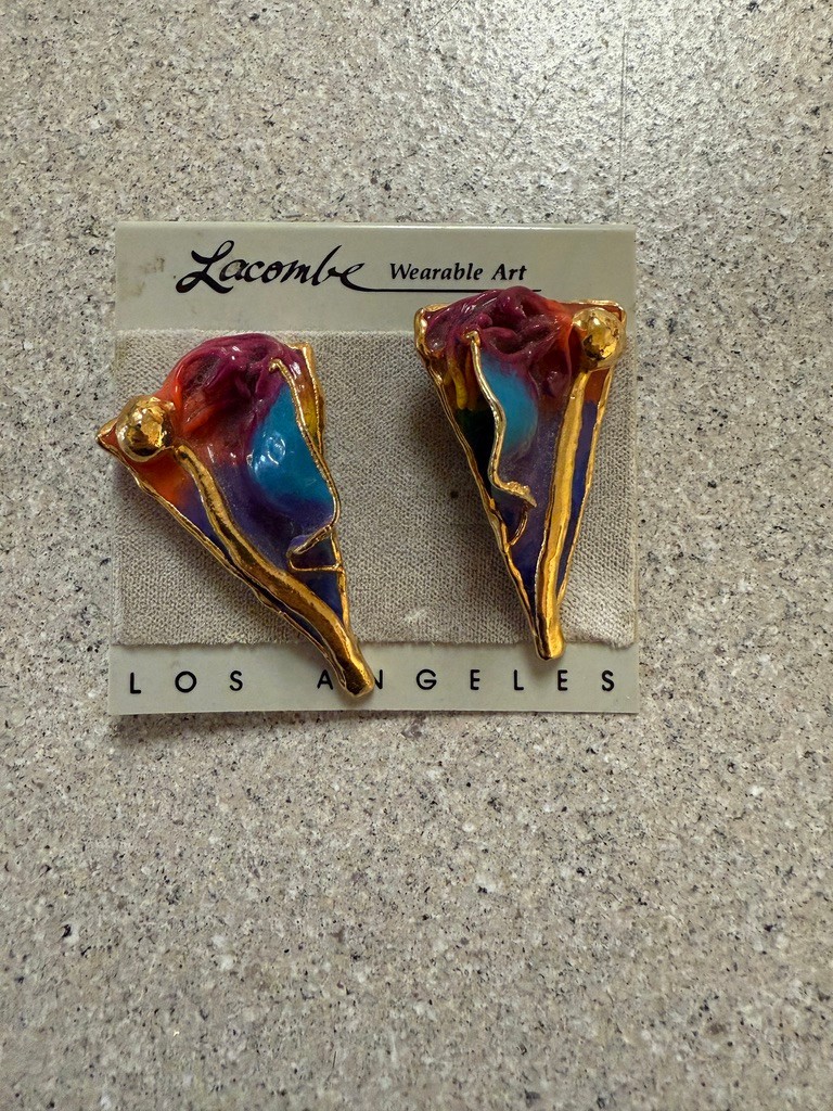AMY LACOMBE Wearable Art 24k Gold Rainbow Colored Earrings NEW.