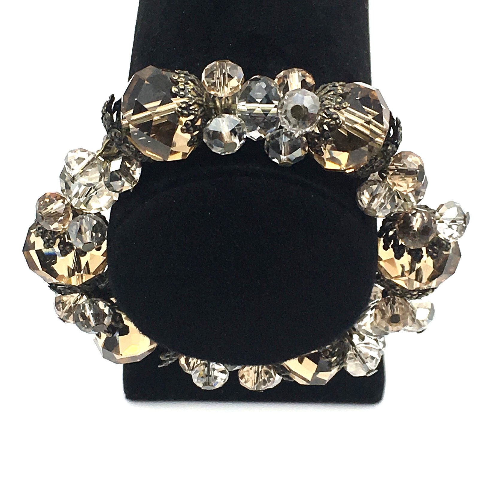 Large Smokey Quartz BronzeTone End Caps & Faceted Clear Crystal Stretch Bracelet