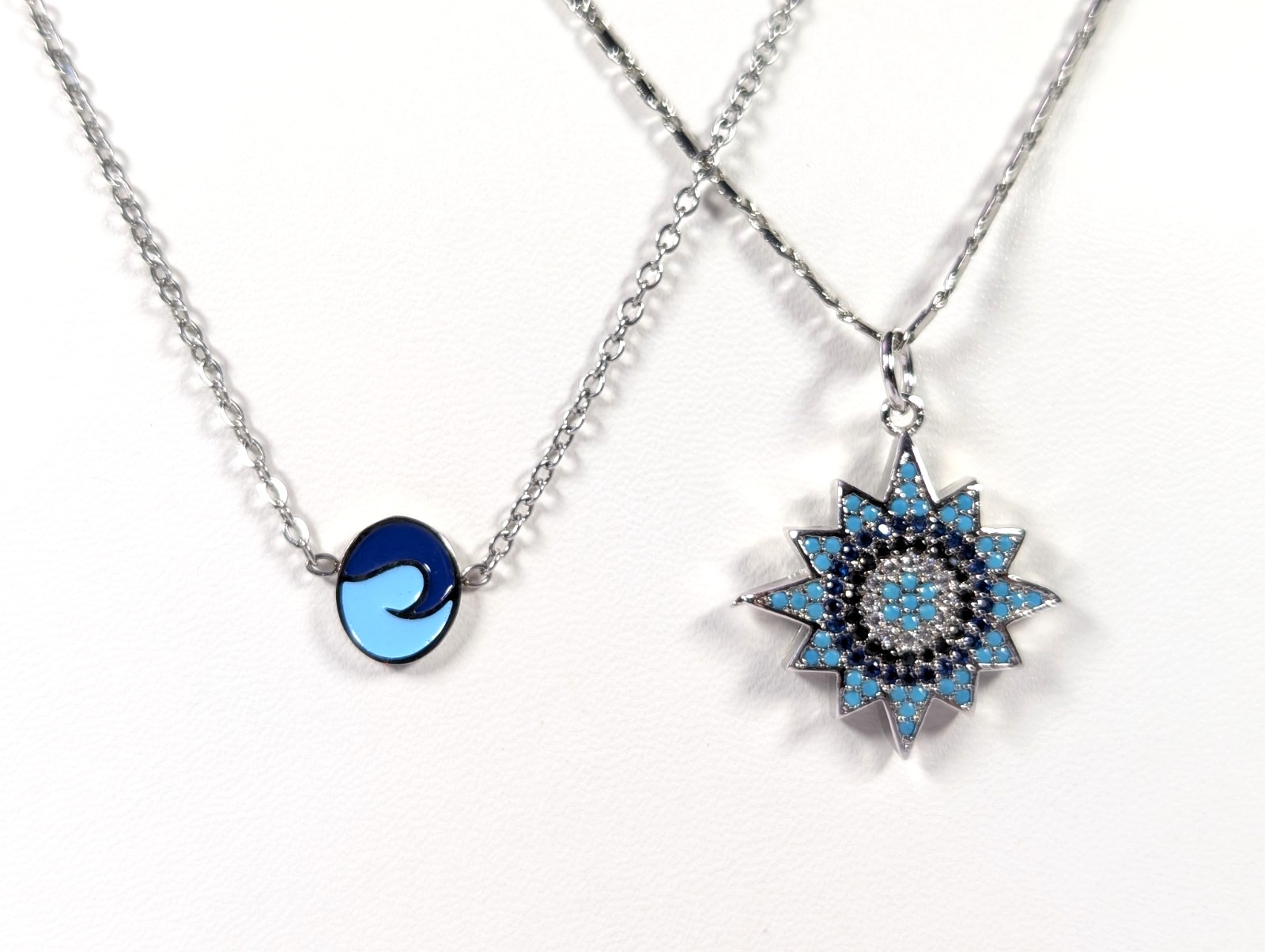 Blue Enamel Necklace Lot Evil Eye Blue Sun Dainty Wave