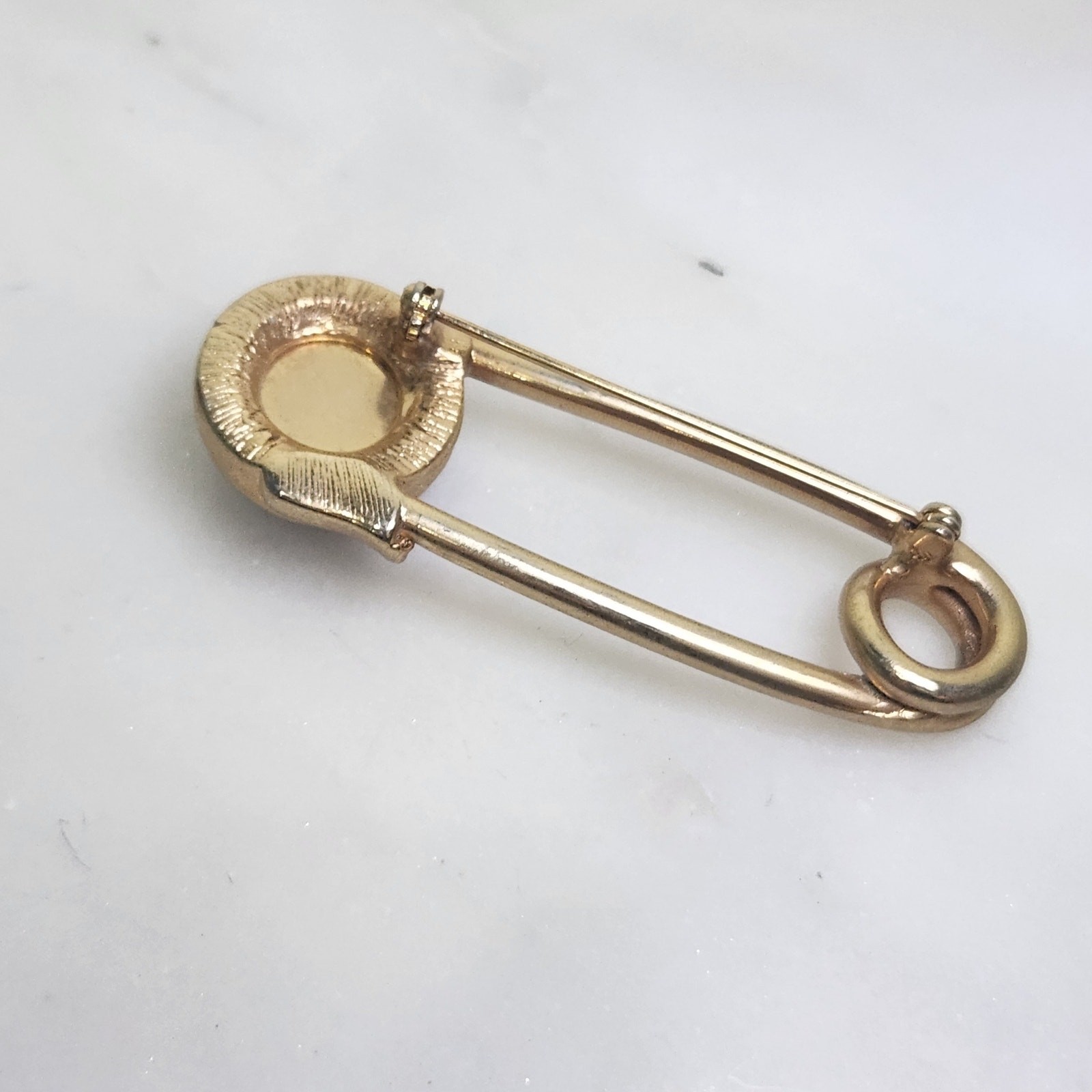 Vintage Swank Gold Tone Safety Pin Brooch Blue Cabochon Stone Lapel Pin MCM