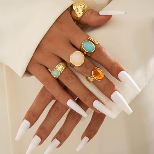 Chunky Gold Gemstone Ring Set for Women Adjustable Stackable Statement A-Gold