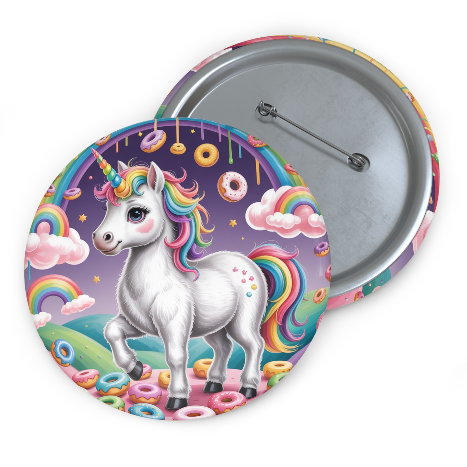 Rainbow Unicorn Donut Button Pin | Enamel-Style Custom Pin
