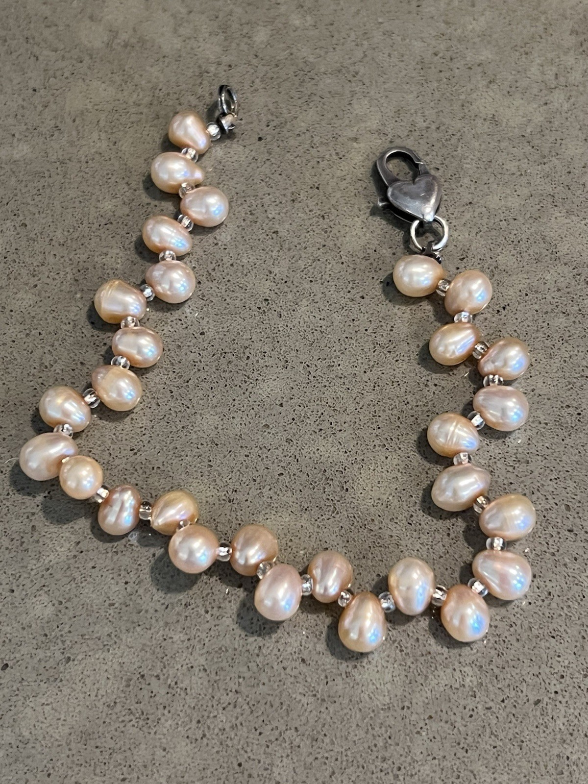 Freshwater Champagne Peach ￼Pearl Bracelet Sterling 925 Baroque 7.5” 8.6g Heart
