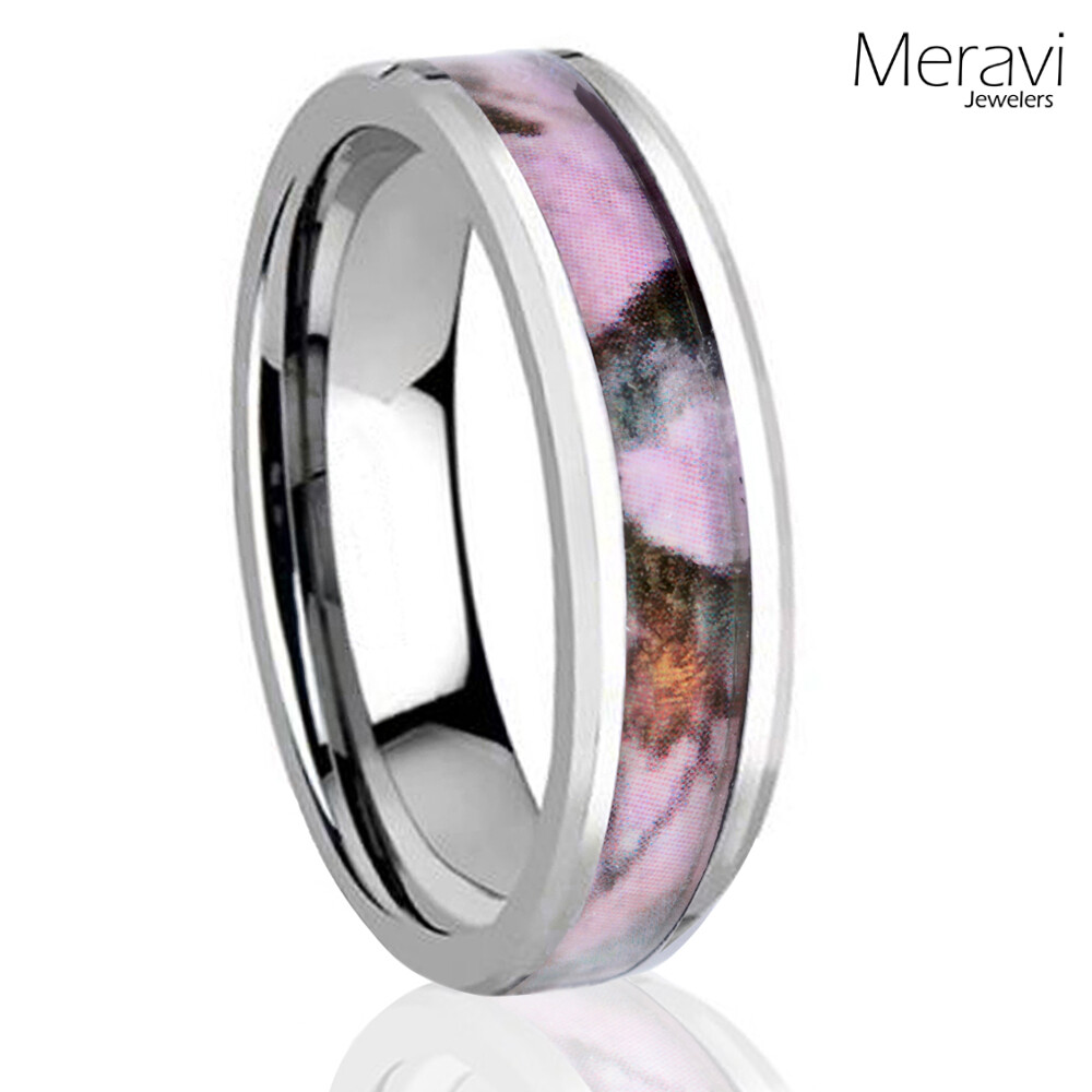 Silver Tungsten Real Oak Pink Hunting Tree Camo Ring Womens Mossy Wedding Band