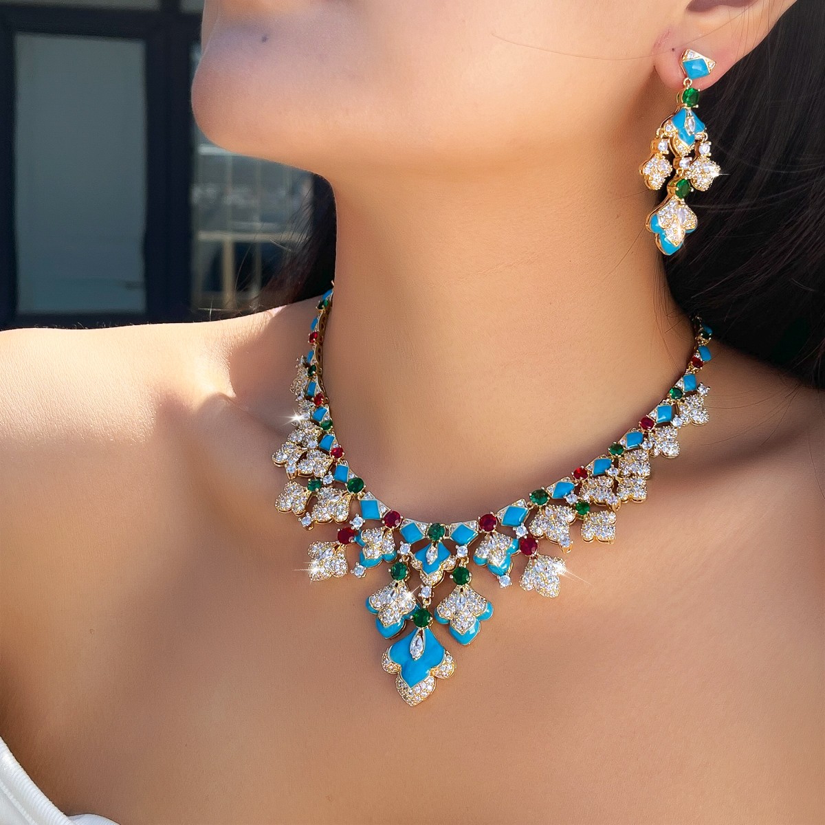 Women Ethnic Gold Plated Multicolor Zircon Enamel Wedding Chandelier Jewelry Set