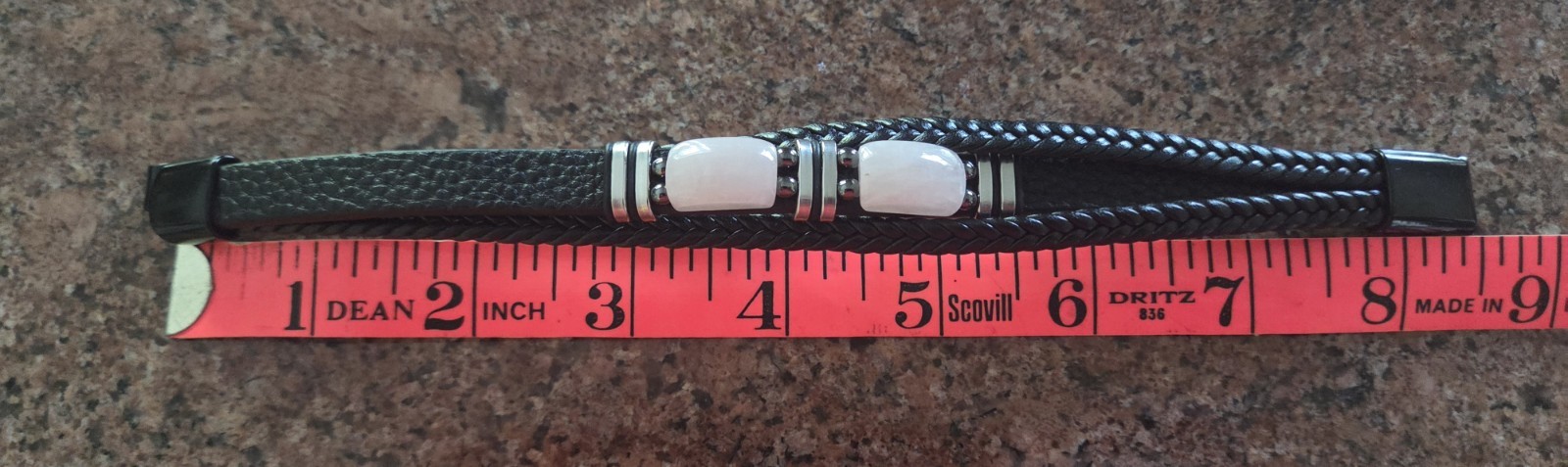 Black Braided Leather Bracelet w/ Hematite and Rose Quartz Stones
