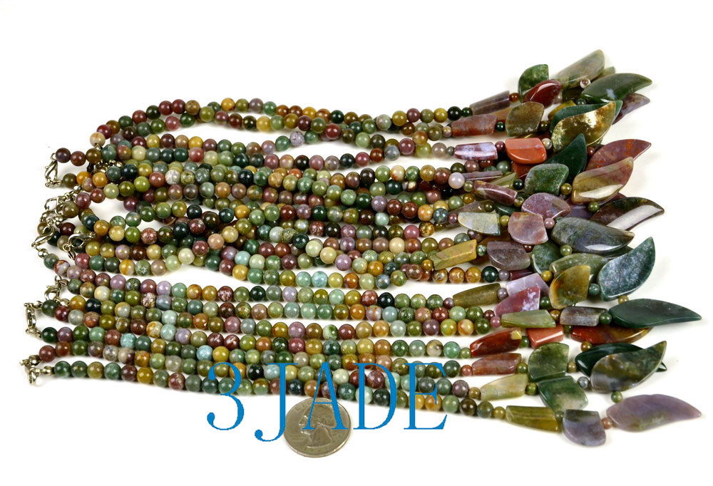 17″ Natural Multi-color Moss Agate Leaf Shaped Beads Necklace