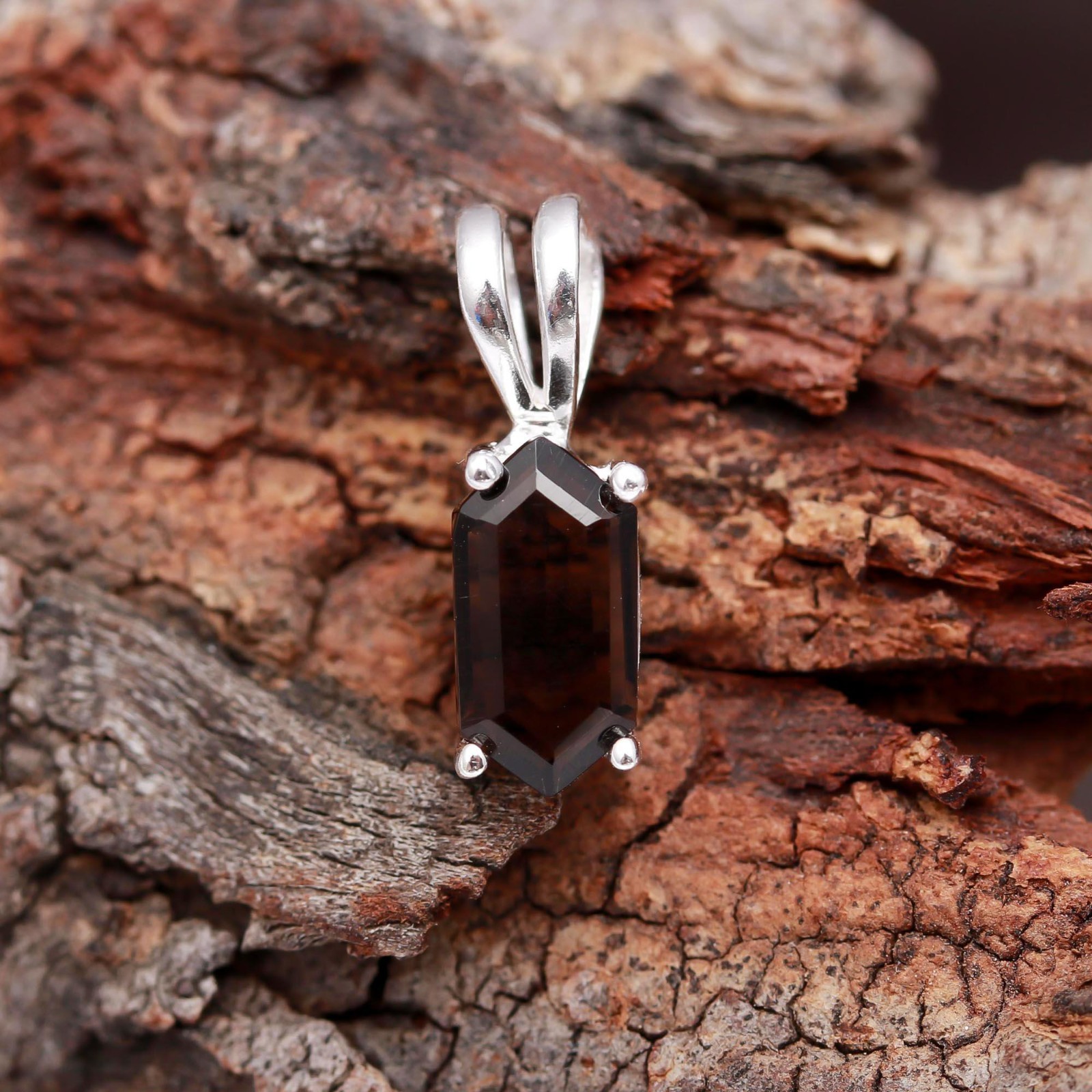 Natural Smoky Quartz Hexagon Pendant 925Sterling Silver Jewelry Gift For Lovers