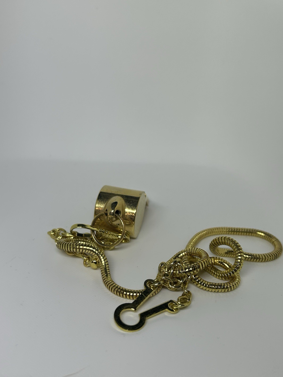Gold Tone Metal Snake Chain Necklace w/ Rectangle Whistle Charm, Hook Closure