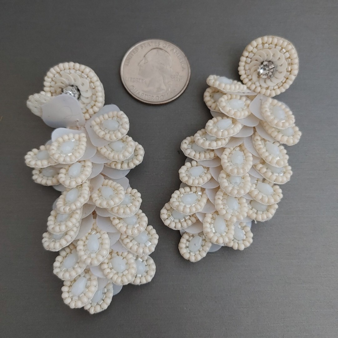 Off White Beaded Statement Earrings Sequins Cascading Teardrops 3″