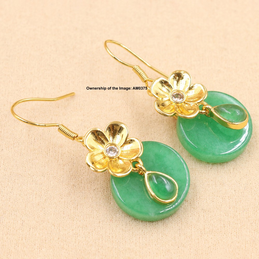 New Yellow Alloy Flower Women’s Heated Green Jade Dangle Earrings Hook Earrings