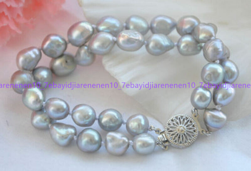 2 Rows Natural Gray 7-8/8-9/9-10mm Baroque Freshwater Pearl Bracelets 7.5 in