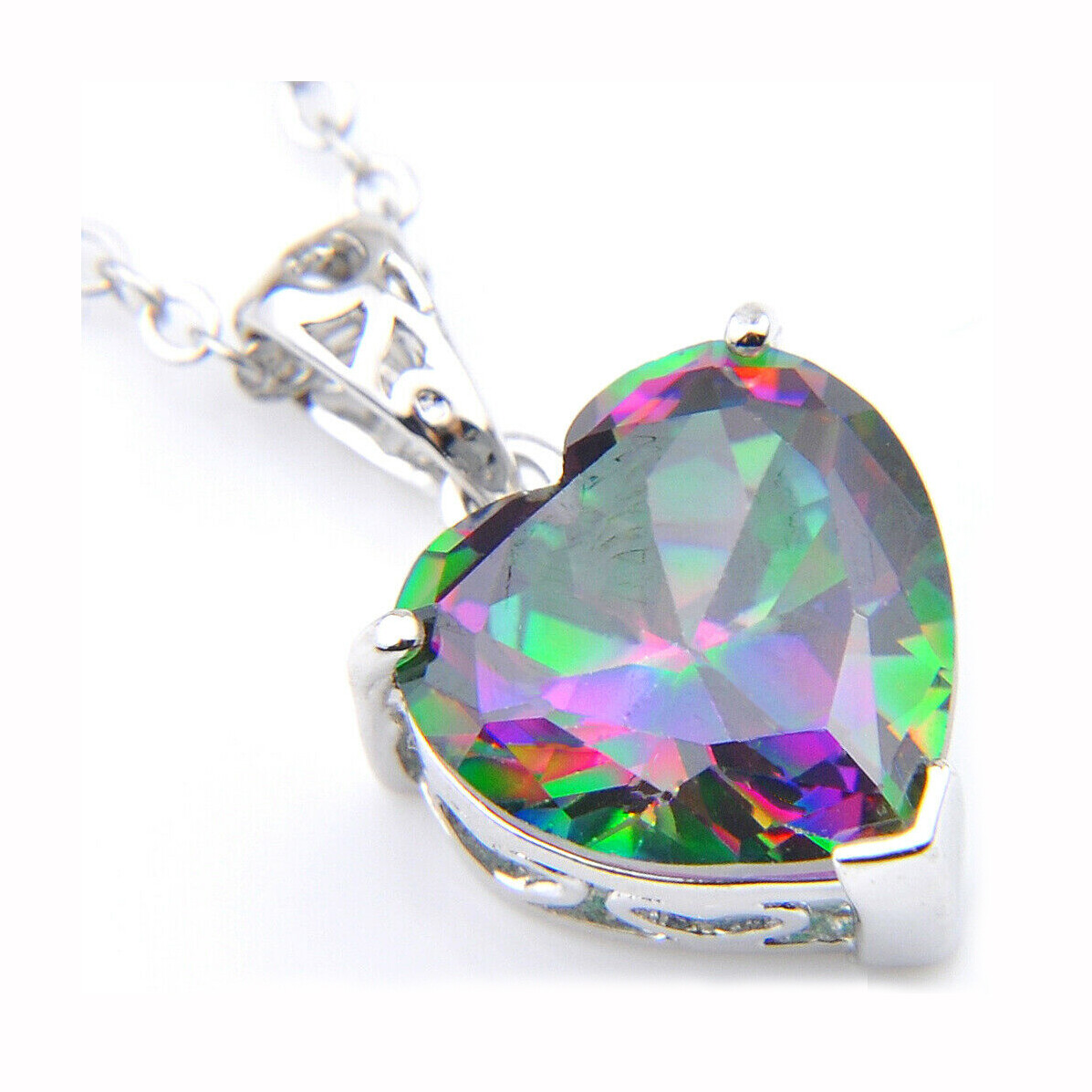 New Rainbow Fire Mystic Topaz Lovely Heart Shape Gmestone Women Silver Necklace