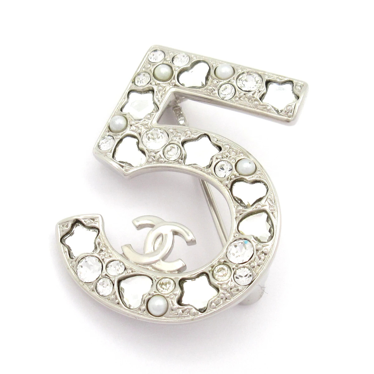 CHANEL No. 5 Silver Hardware Rhinestones Faux Pearl Brooch