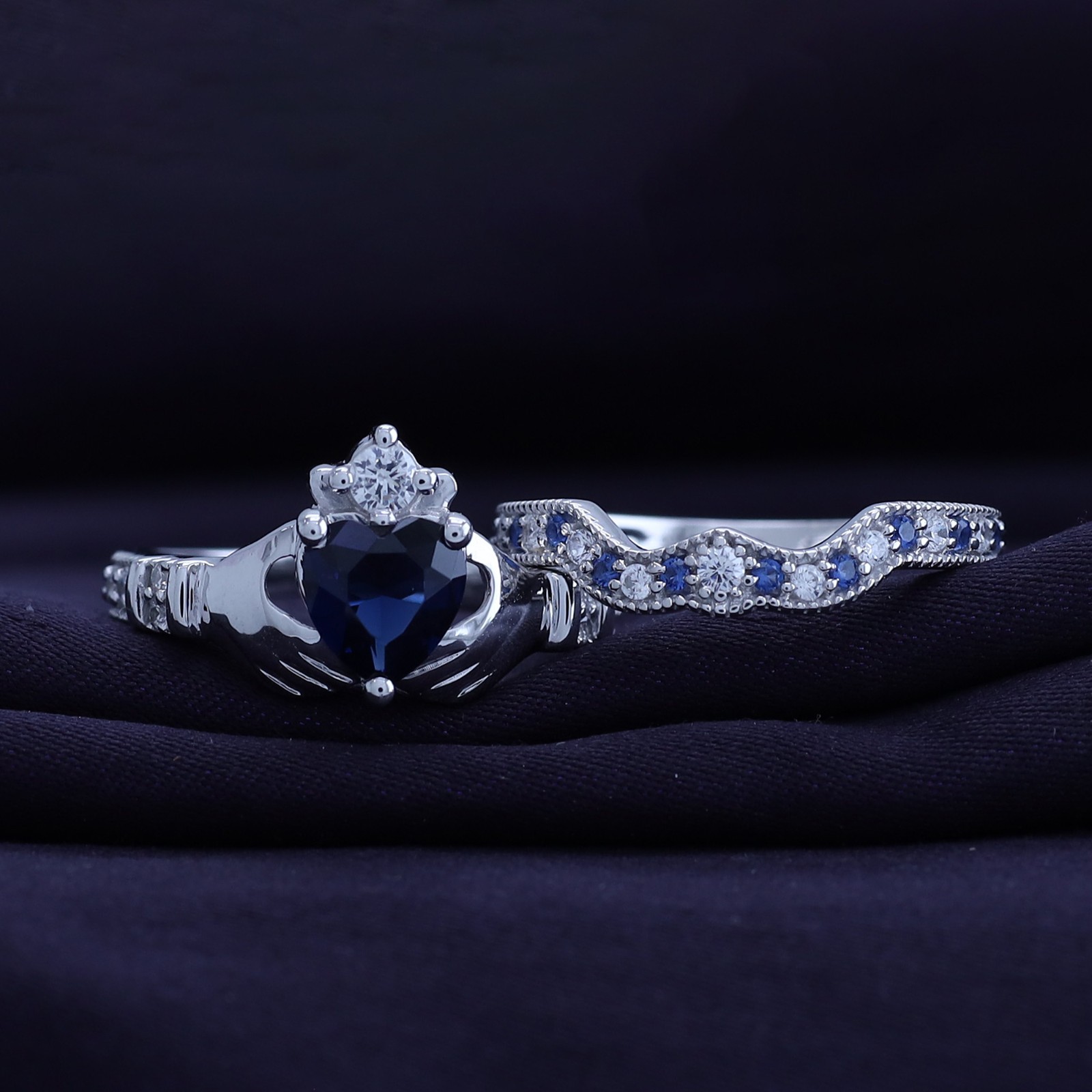 2 2/5 Ct Simulated Diamond Heart Shape Claddagh Bridal Ring Set Solid Sterling