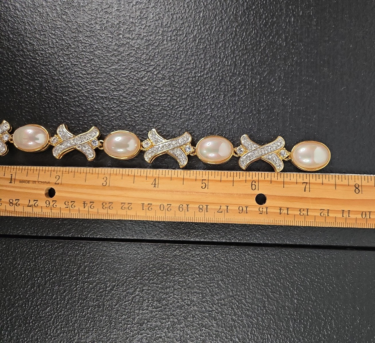 Nolan Miller Faux Pearl Rhinestone Link Bracelet Gold Tone Oval Cabochon