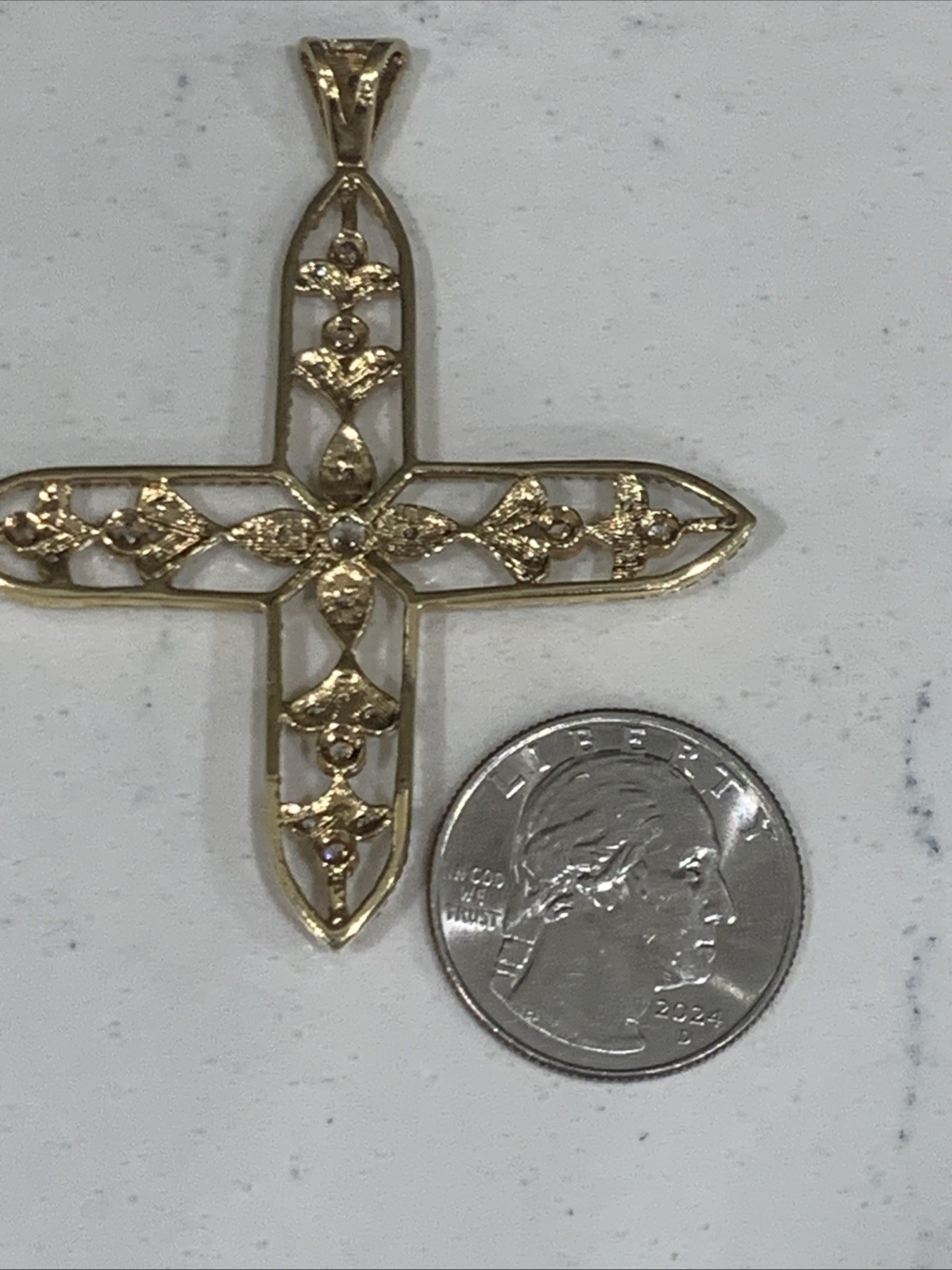 Estate 925 Silver Cross With 22 Kt Gold Overlay With White Saphires 8.2 Grams